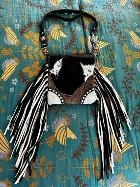 Myra Bag Black White Brown Cowhide Fringe Crossbody